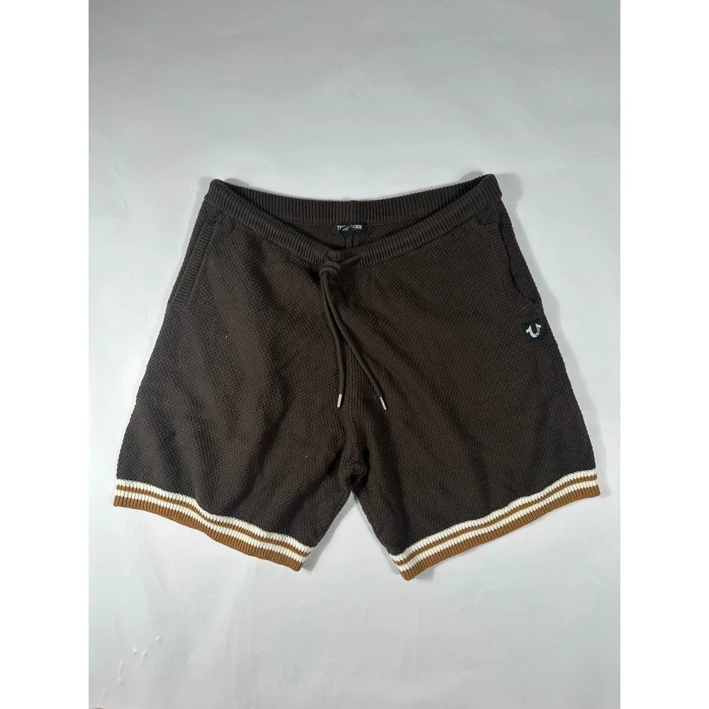 True Religion Mens Brown Sweater Knit Shorts Striped Trim XL